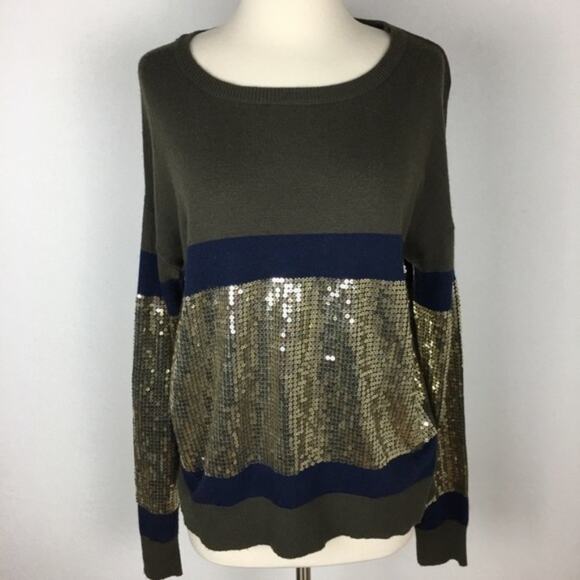 Fate Brown & Navy Wool Blend Sequined Sweater Large - Picture 2 of 8